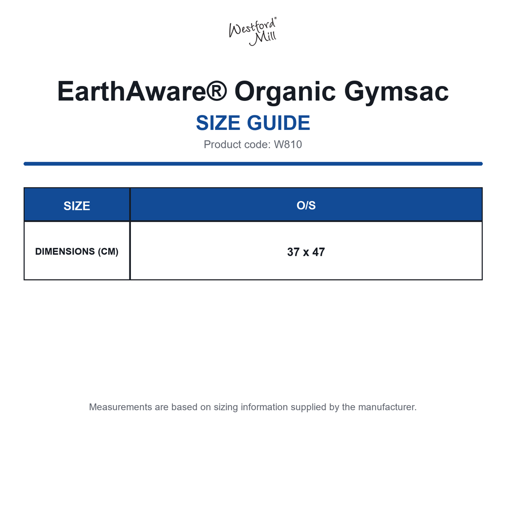 W810 Westford Mill EarthAware® Organic Gymsac size guide (W810)