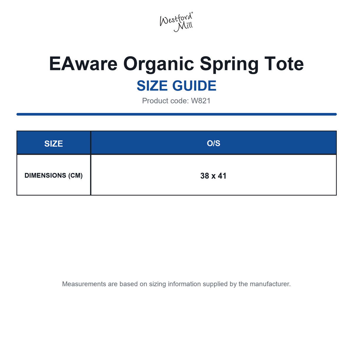 W821 Westford Mill EAware Organic Spring Tote size guide (W821)