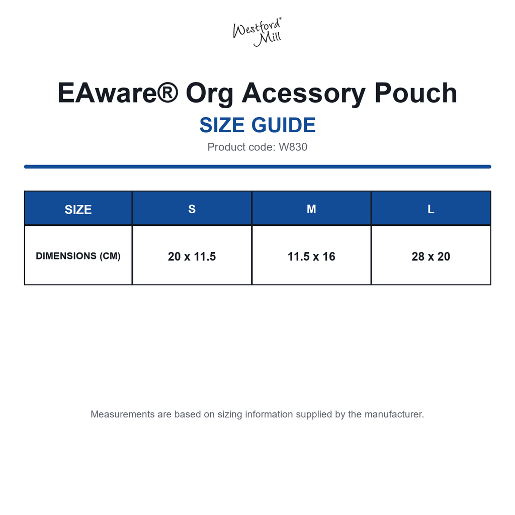 W830 Westford Mill EAware® Org Acessory Pouch size guide (W830)