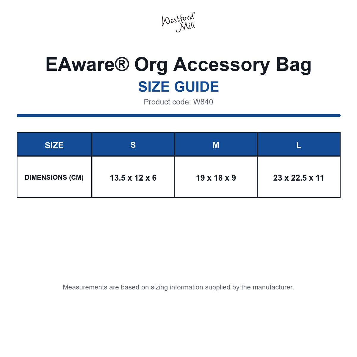 W840 Westford Mill EAware® Org Accessory Bag size guide (W840)
