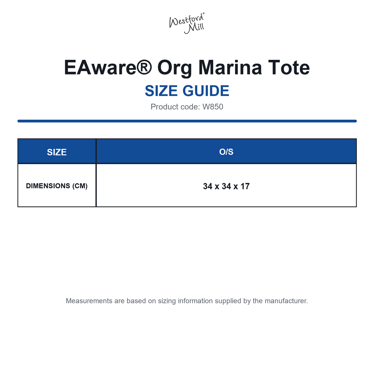 W850 Westford Mill EAware® Org Marina Tote size guide (W850)