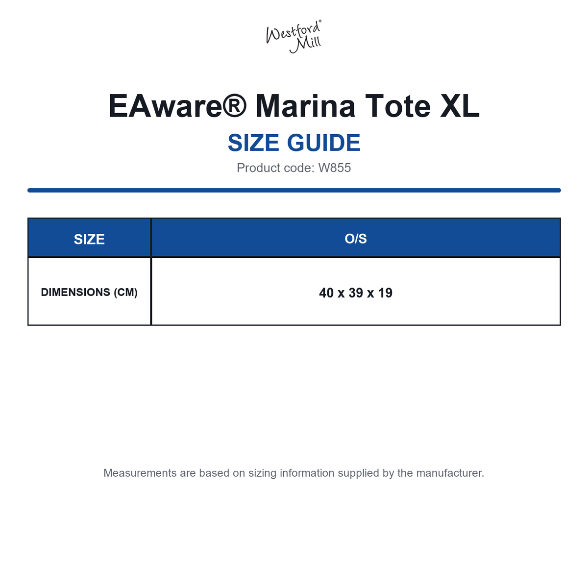 W855 Westford Mill EAware® Marina Tote XL size guide (W855)