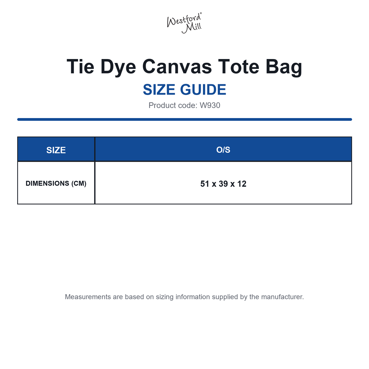 W930 Westford Mill Tie Dye Canvas Tote Bag size guide (W930)