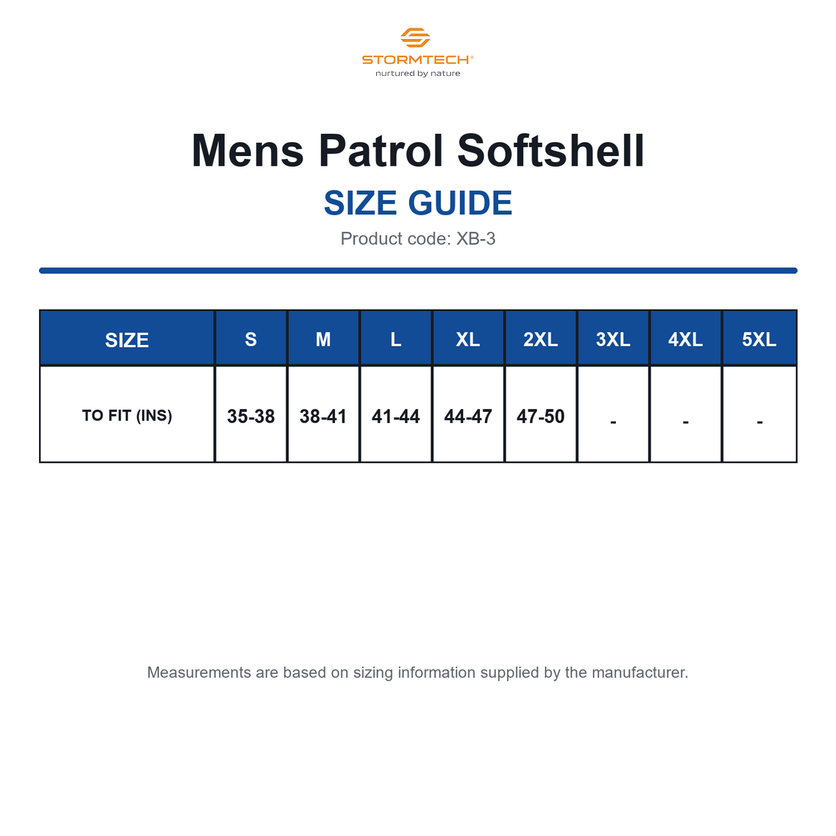 XB-3 Stormtech Mens Patrol Softshell size guide (XB-3)