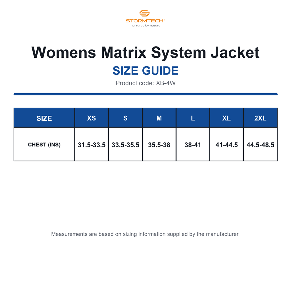 XB-4W Stormtech Womens Matrix System Jacket size guide (XB-4W)