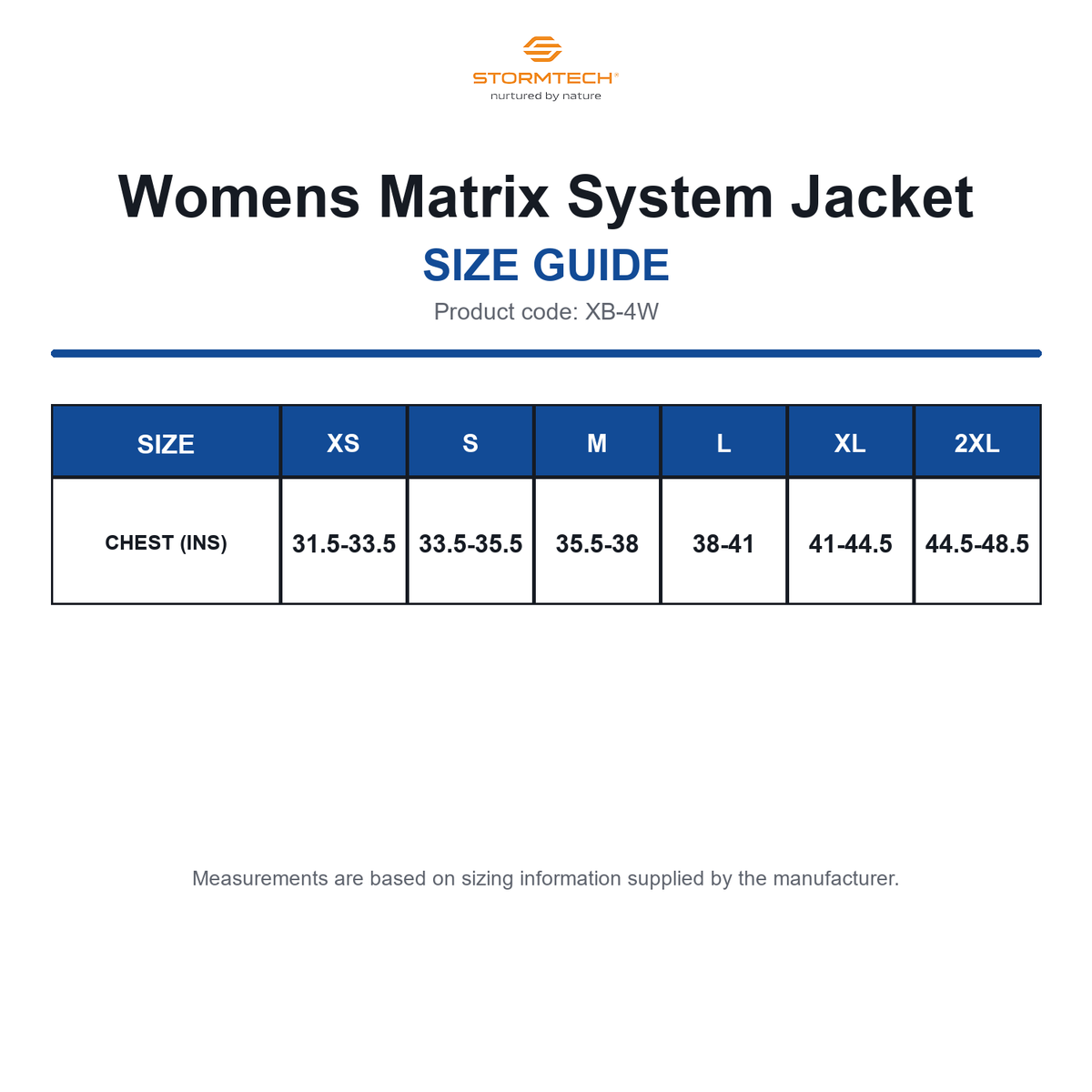 XB-4W Stormtech Womens Matrix System Jacket size guide (XB-4W)