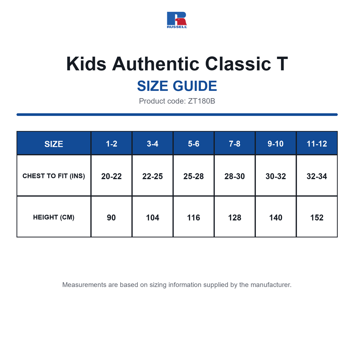ZT180B Russell Kids Authentic Classic T size guide (ZT180B)