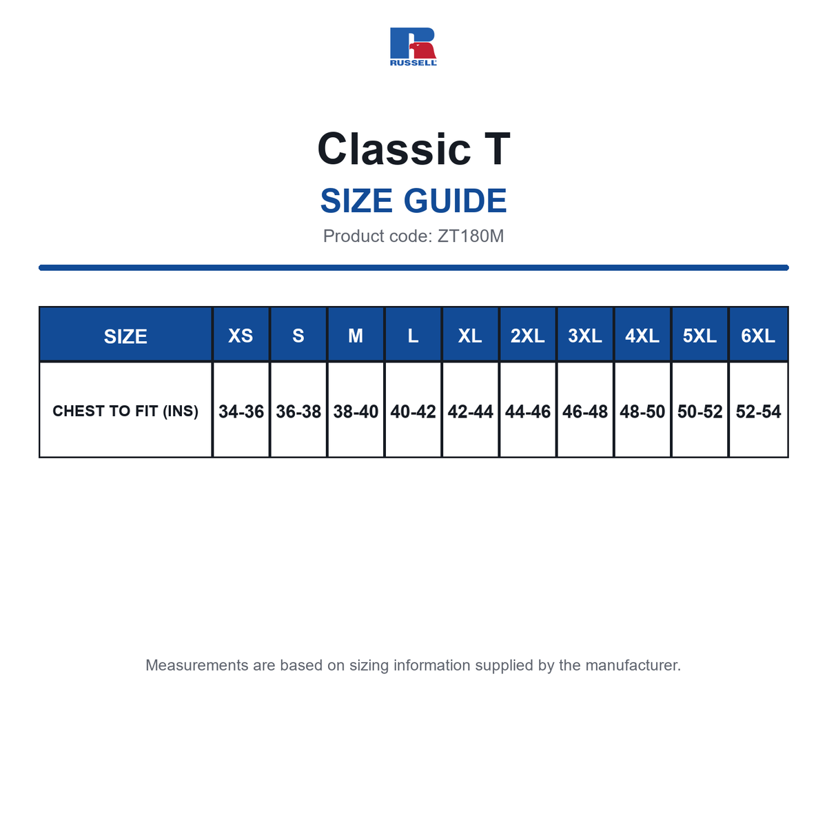 ZT180M Russell Classic T size guide (ZT180M)