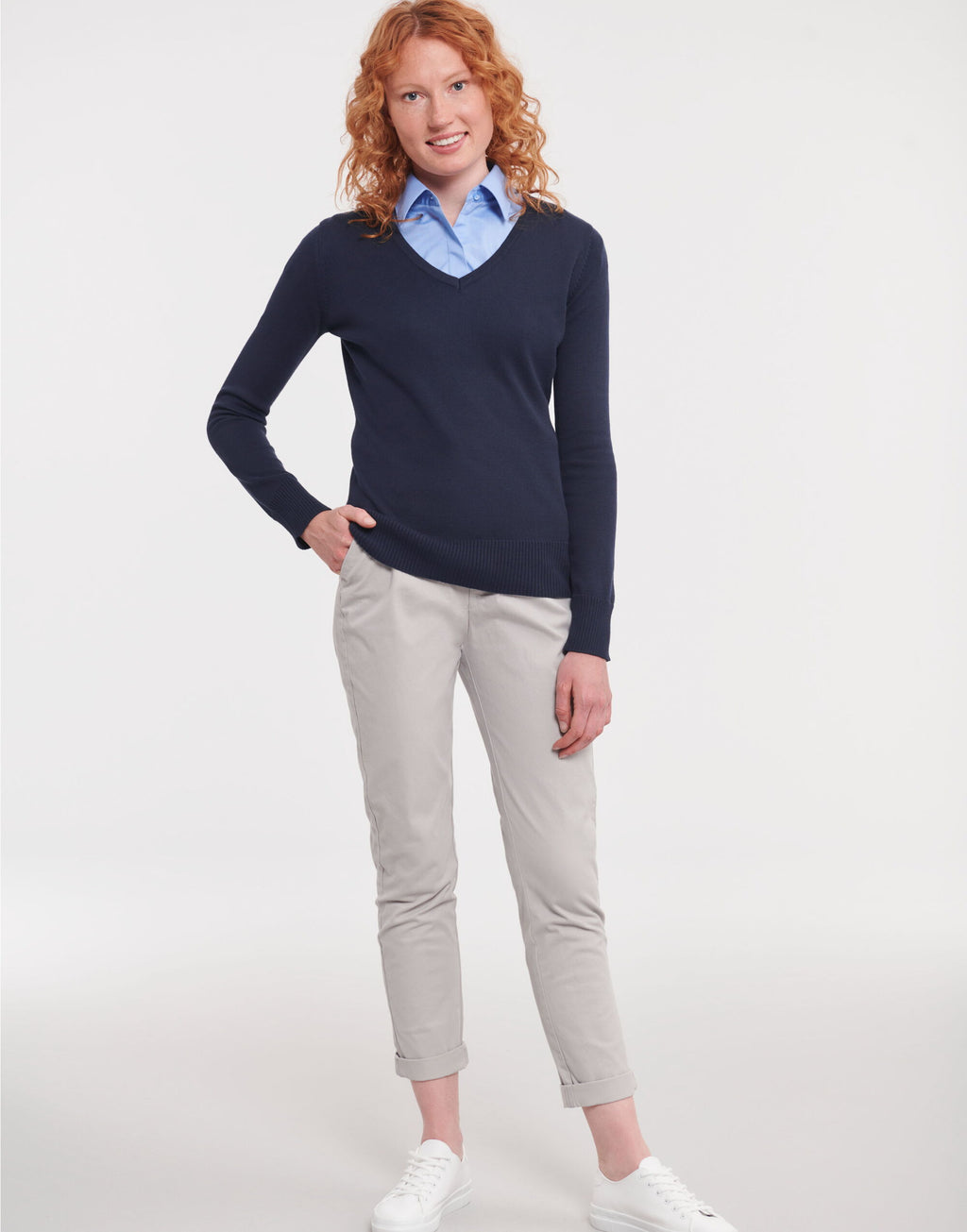 710F Russell Collection Ladies VNeck Pullover