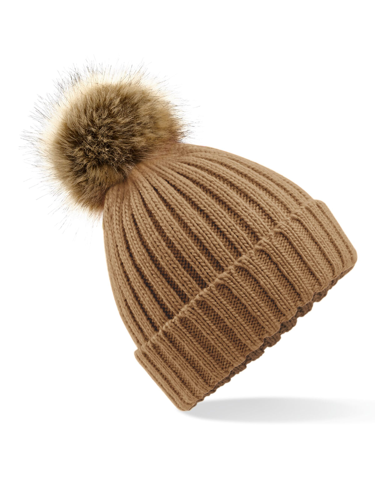 B412 Beechfield Fur Pop Pom Chunky Beanie - Biscuit - B412