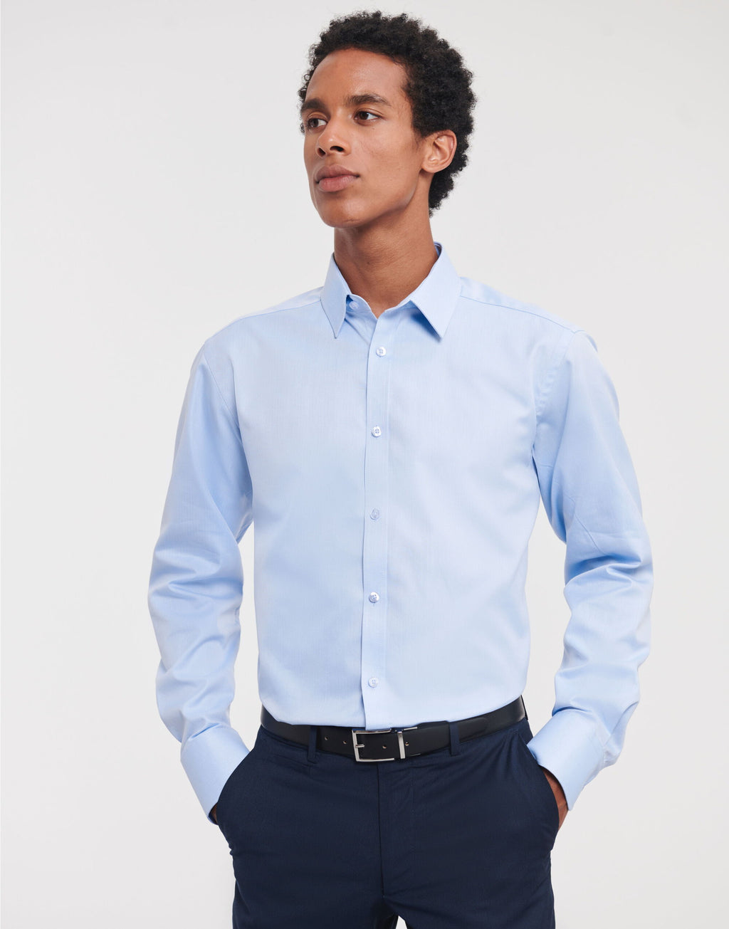 962M Russell Collection Mens LS H'Bone Shirt - Light Blue - 962M