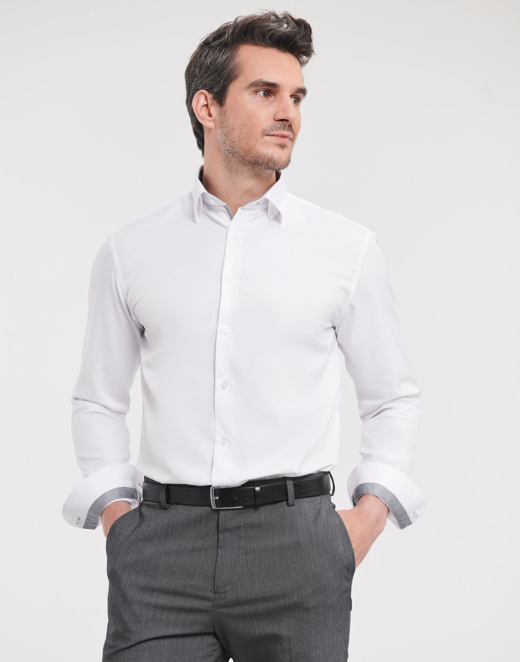 R964MC Russell Mens L/S Contrast H'Bone Shirt
