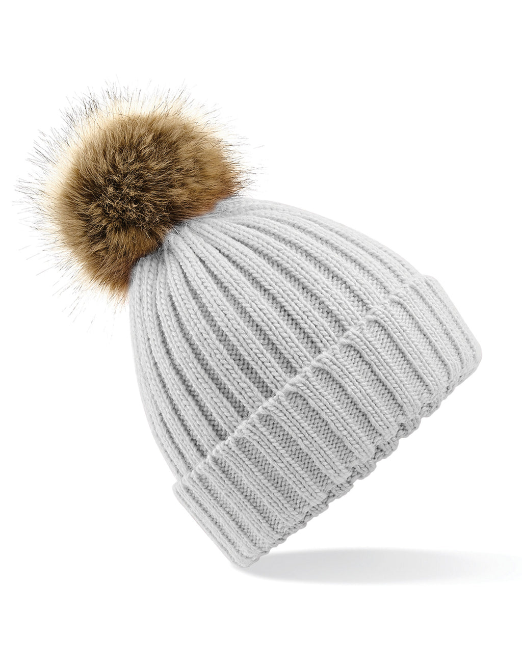 B412 Beechfield Fur Pop Pom Chunky Beanie - Light Grey - B412